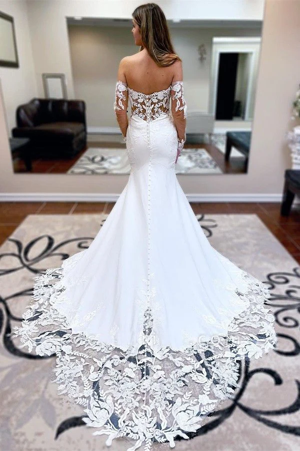 Crepe Mermaid Luxury Wedding Dresses Lace Appliques Detachable Sleeves Buttons Boho Bridal Gowns