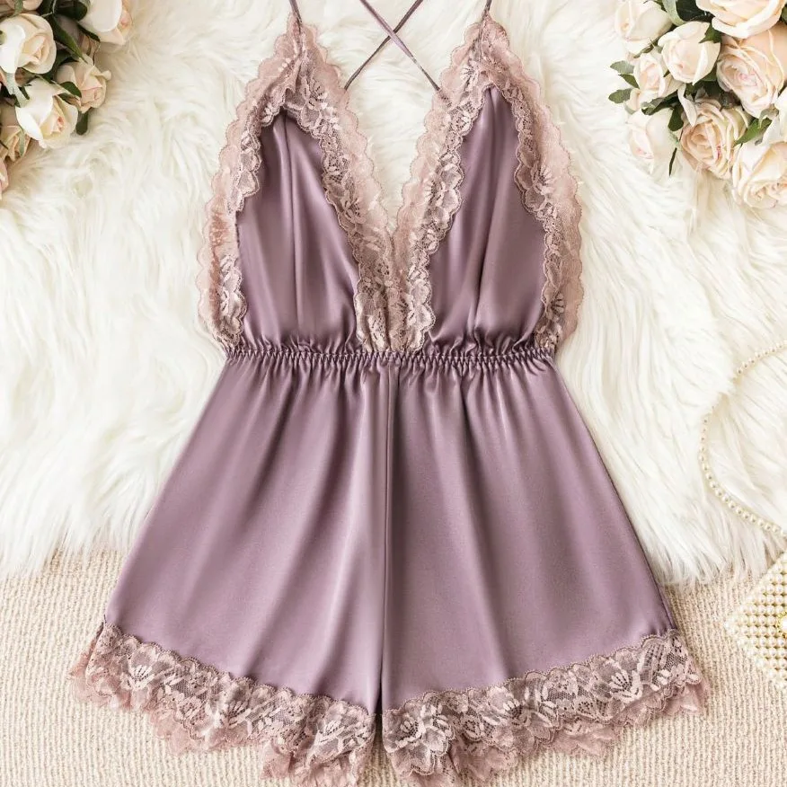 Sexy Lingerie Lace Trim Print Flower Jumpsuits Backless One Piece Nightgown Summer New Homewear Women Sleepshirt Nightdress