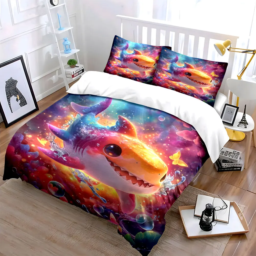 Colorful dreamy shark swimming scene Bedding Set for Kids Luxury Gift 3pcs Digital Print Comforter Set Soft Comfortable