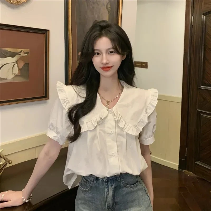 

Белая женская летняя новая свободная блузка с коротким рукавом, воротником-стойкой, в нежном корейском стиле, из полиэстера