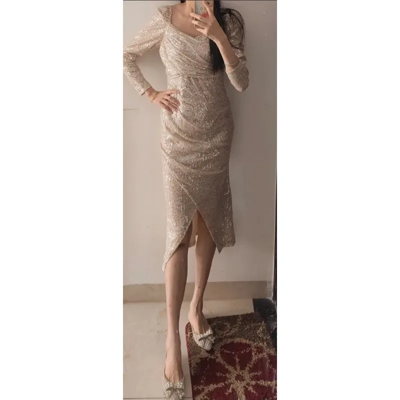 Champagne Evening Dress Woman  New Temperament Light Luxury Small Arts Test Senior Sense Banquet Engagement Dress Host