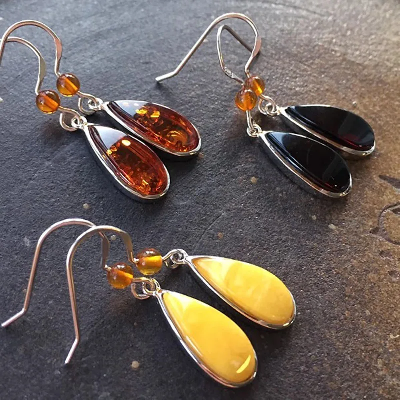 

Yoowei New Natural Amber Earrings for Women 3 Colors Real S925 Silver Dangle Earring Unique Baltic Amber Jewelry Gift Wholesale