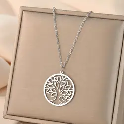 Laser carved exquisite and fashionable necklace Minimalist Jewelry Round Pendant Necklace tree of life birthday gift