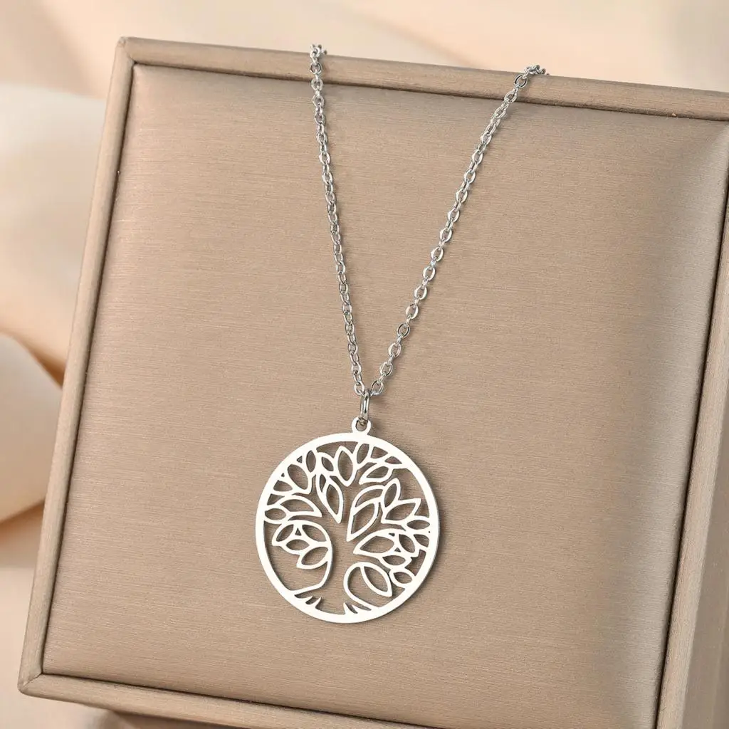 Laser carved exquisite and fashionable necklace Minimalist Jewelry Round Pendant Necklace tree of life birthday gift