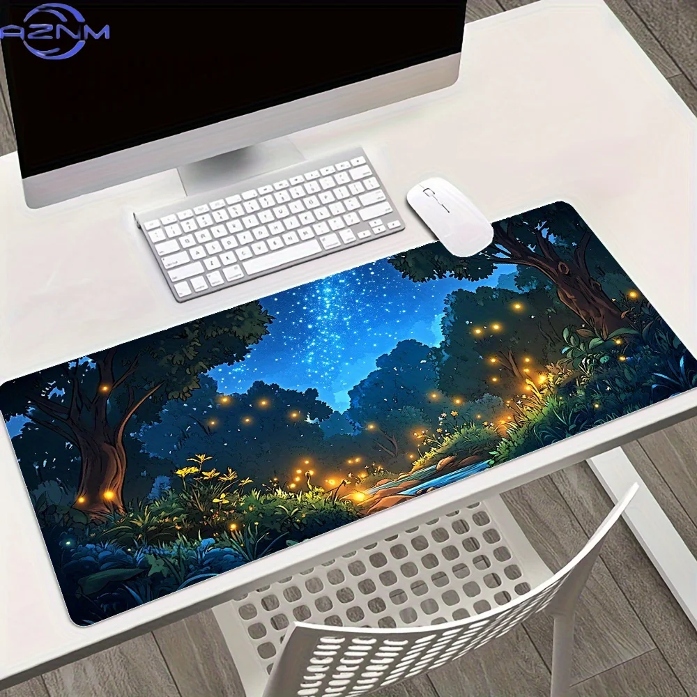 1pc a Magical Night Forest-Themed Mouse Pad - a High-Quality, Non-Slip Rubber Desk Mat Featuring Glowing Fireflies And a Starry