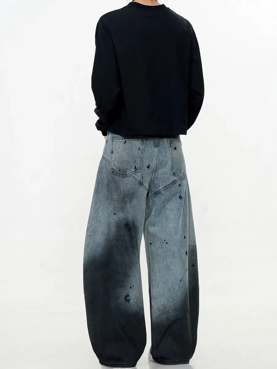 Retro American Waed adient Spray fiti Coltello curvo Jeans larghi casual gamba larga fino al pavimento per uomo e donna