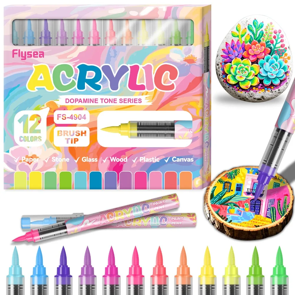 

12 Colors Acrylic Paint Markers Soft Brush Tip DIY Acrylic Marker Pen Drawing Direct-Liquid Ink Premium Highlight Marker Canvas
