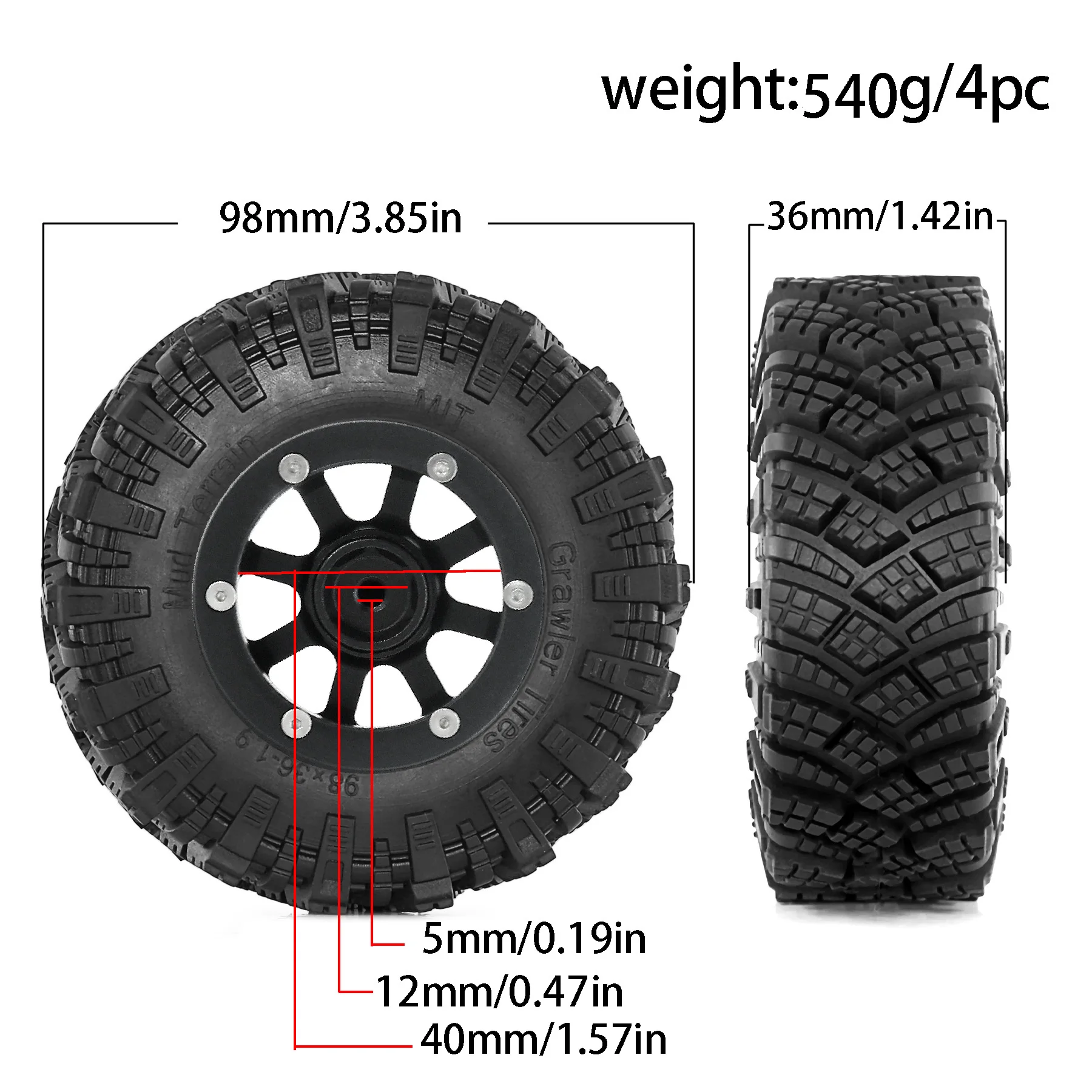 RC Car 4 Uds 98mm 1,9 "metal Beadlock llanta de rueda juego de neumáticos de goma para 1/10 RC Crawler Traxxas TRX4 RC4WD D90 D110 Axial SCX10 MST