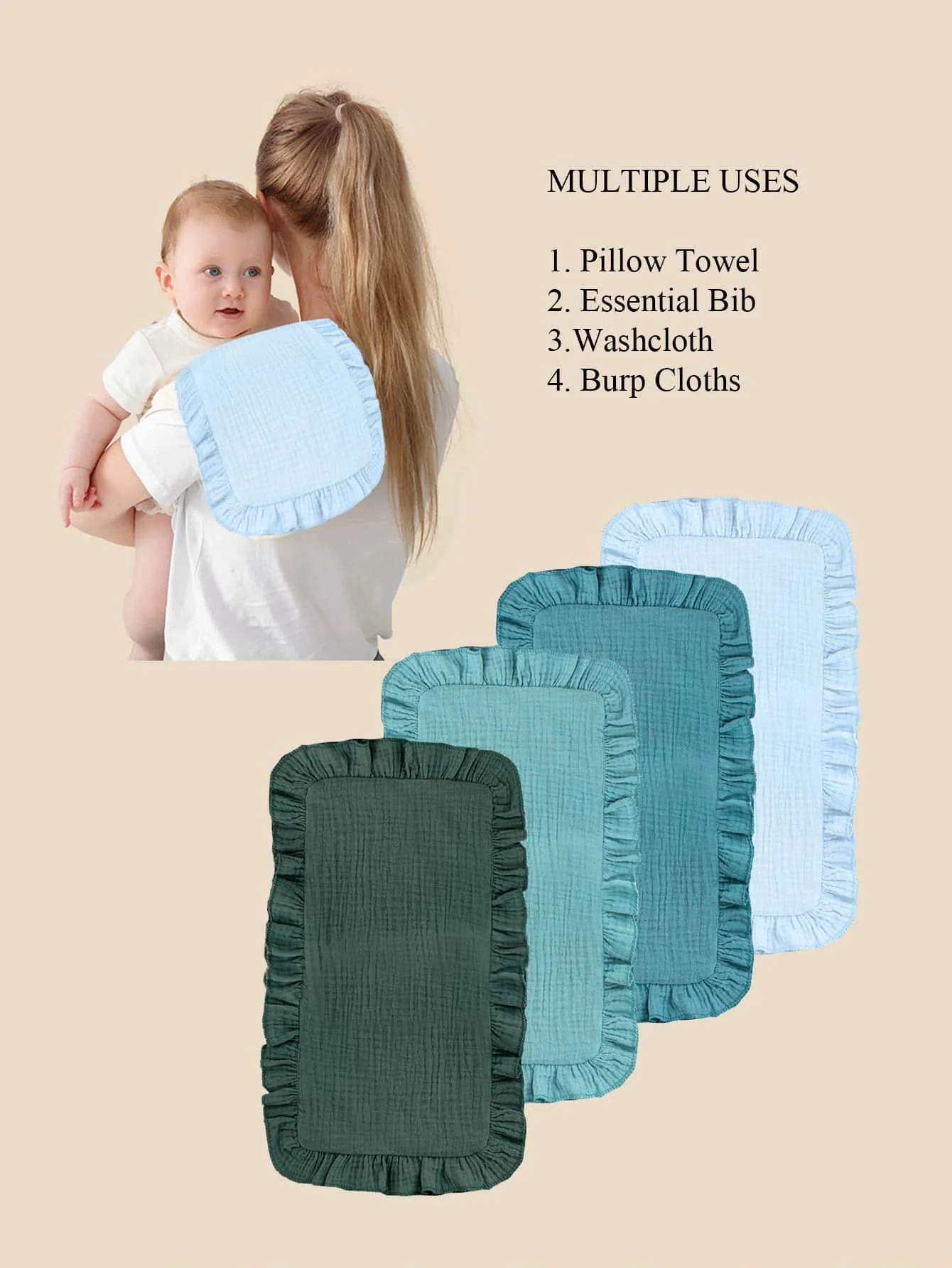 4Pcs/Set Soft Muslin Cotton Gauze Shoulder Rag Baby Burping Pad Ruffle Newborn Baby Solid color blue Burp Cloths