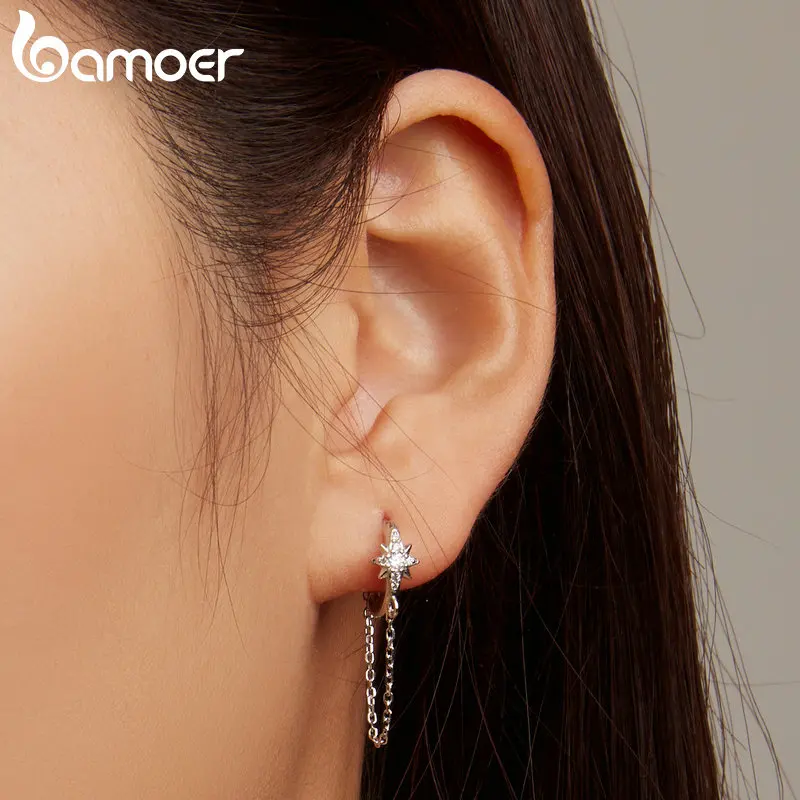 Bamoer 925 Sterling Silver Star Hoop Earrings Long Tassel Ear Buckles Pave Setting CZ for Women Fine Jewerly BSE699