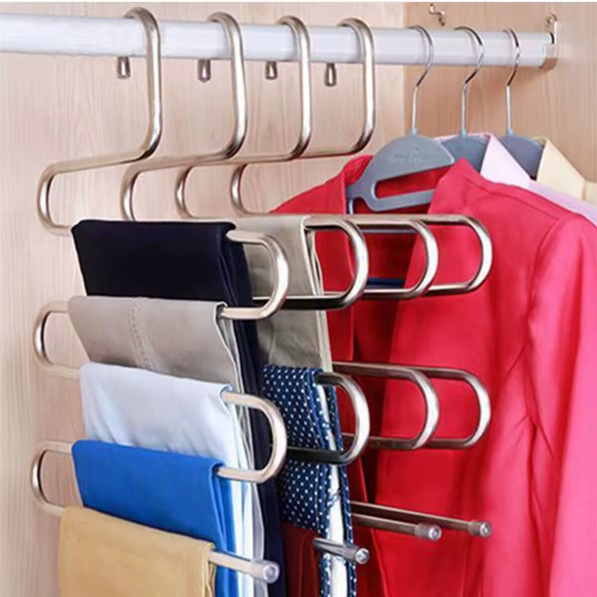 Stainless steel S-shaped hanger, multifunctional drying pants hanger for household use, five layer non slip storage pants rack