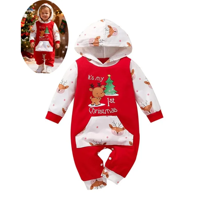 My First Christmas Baby Girl Boy Outfit Car Truck Long Sleeve Pocket Hooded Romper Jumpsuit Xmas One Piece Clothes bebe