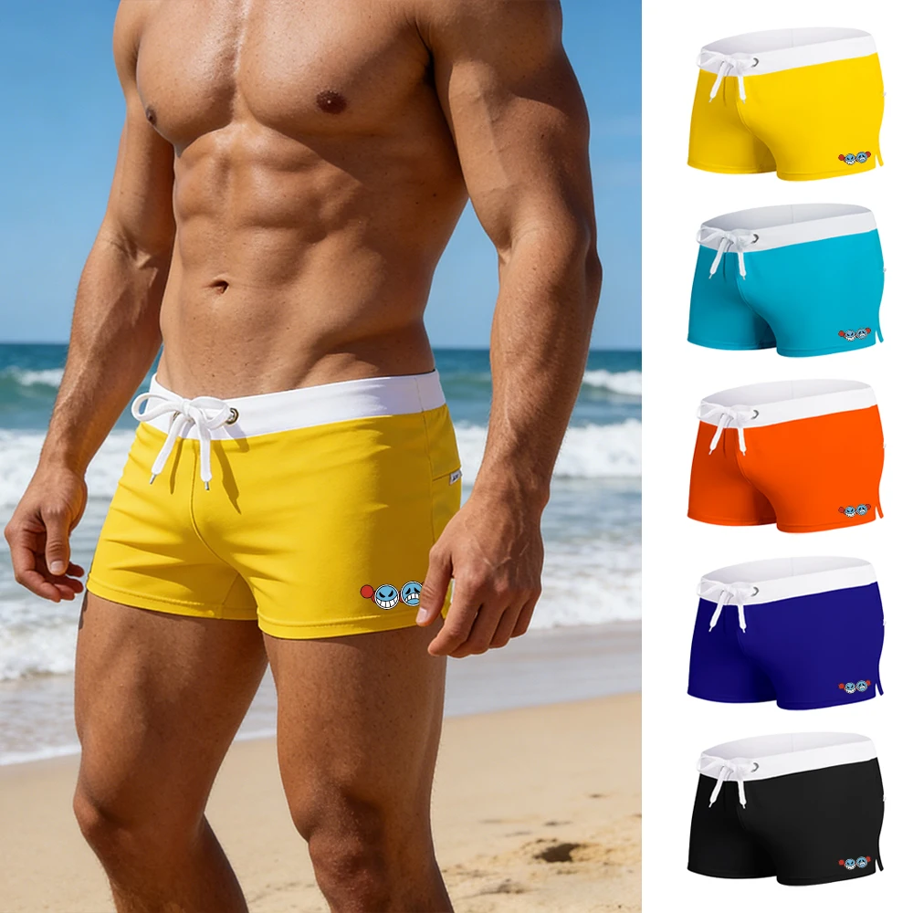 Men's Back Zipper Pocket Swim Trunks Summer Elastic Quick Drying Drawstring Beachwear Printed With Mesh Lining Casual Swimwear