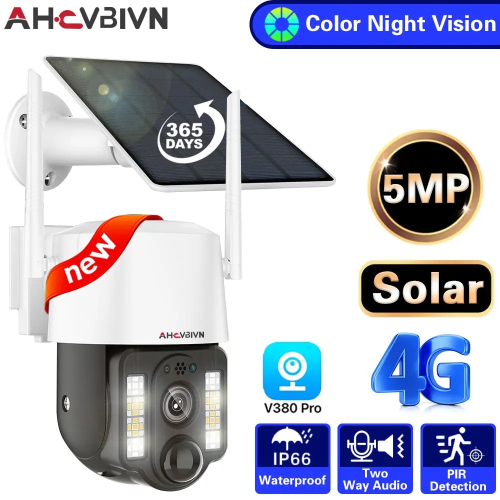 

5MP 4G Sim Solar Panel Camera Outdoor CCTV Camara PIR Humanoid Detection Night Vision V380 Security Protection Built in Battery