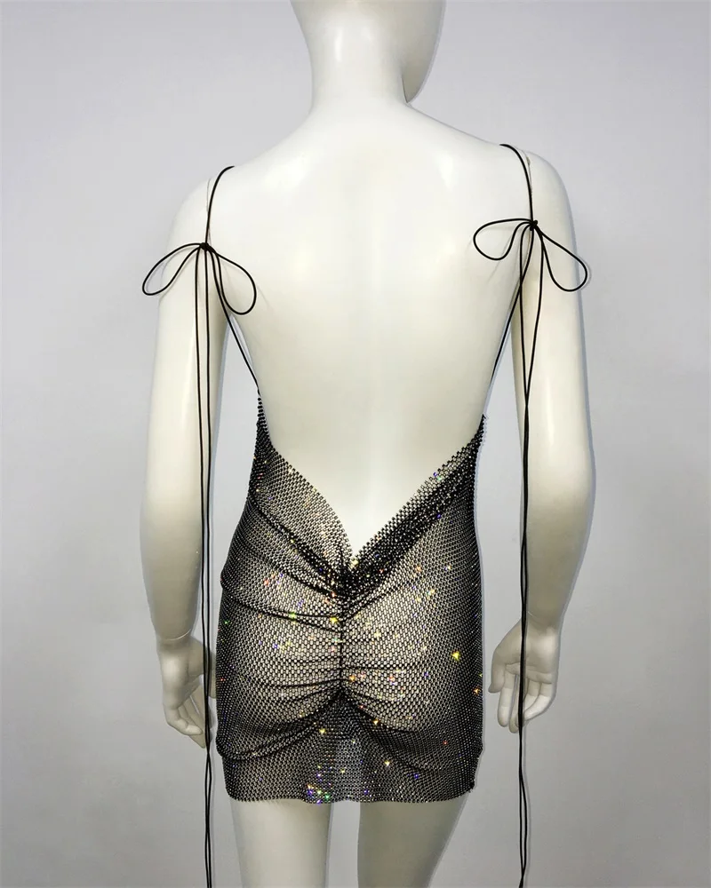 Robe de Soirée à Paillettes Transparente, Col Bateau à Dos en V, Bretelles Spaghetti, Jupe de Bal, Filet de Pêche, Robes au-dessus du Genou