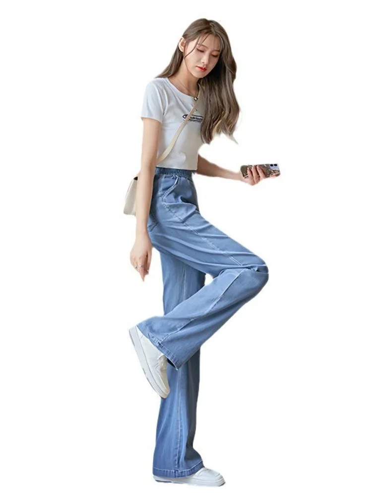 

Plus Size Summer Thin Soft Women's Jeans Elastic Waist Loose Straight Leg Small Size Ice Silk Wide Leg Pants Comfortable Casu...
