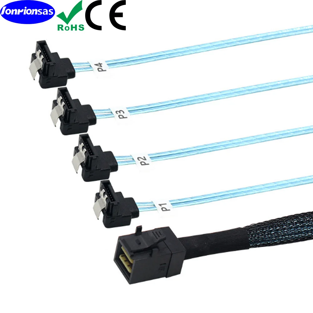 Wewnętrzny kabel Mini SAS HD SFF-8643 do 4x SATA 7pin żeński 90 stopni do dysków twardych, serwerów, RAID, 0.5m — zdjęcie produktu 4
