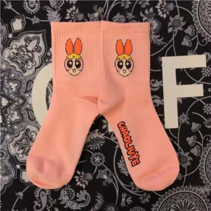 Men's and Women's Socks The Powerpuff Girls Mid-calf Street Stripes Ins Trend Hip-hop College Style Sports Skateboard Hip-hop