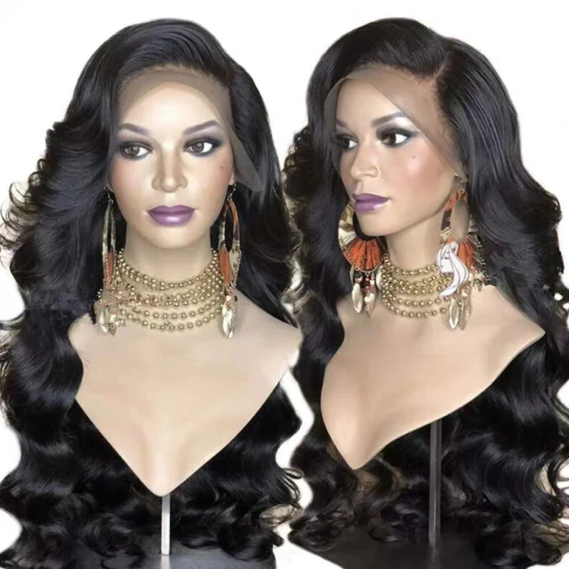 

Европейский и американский женский длинный кудрявый парик с фронтальной шнуровкой, черный, с центральным пробором, крупные волны, из синтетических волос