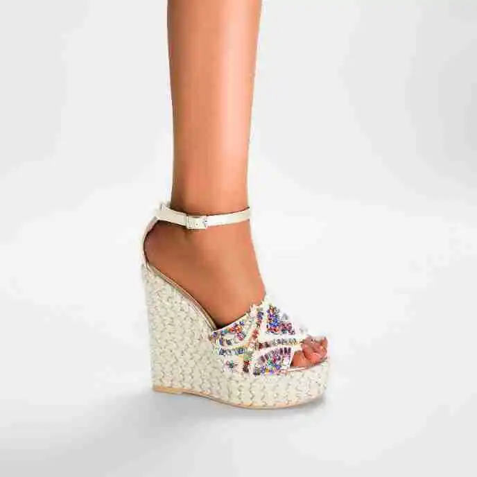 

Rhinestone Wedge Platform High Heels Straw Thick-Soled Sandals Open-Toed Buckle Women Shoes Sandalias Mujer Chaussure Femme