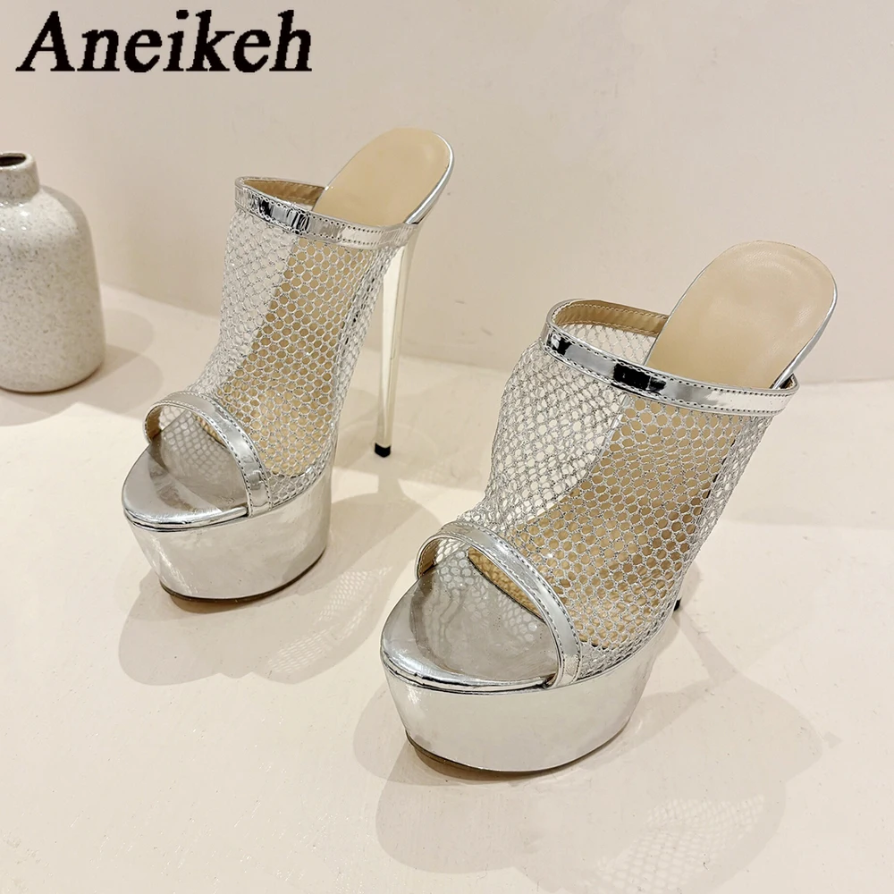 Aneikeh-sandálias plataforma com dedo do pé aberto para as mulheres, sapatos de salto alto com superfície de malha, sexy, para festa, boate, moda verão