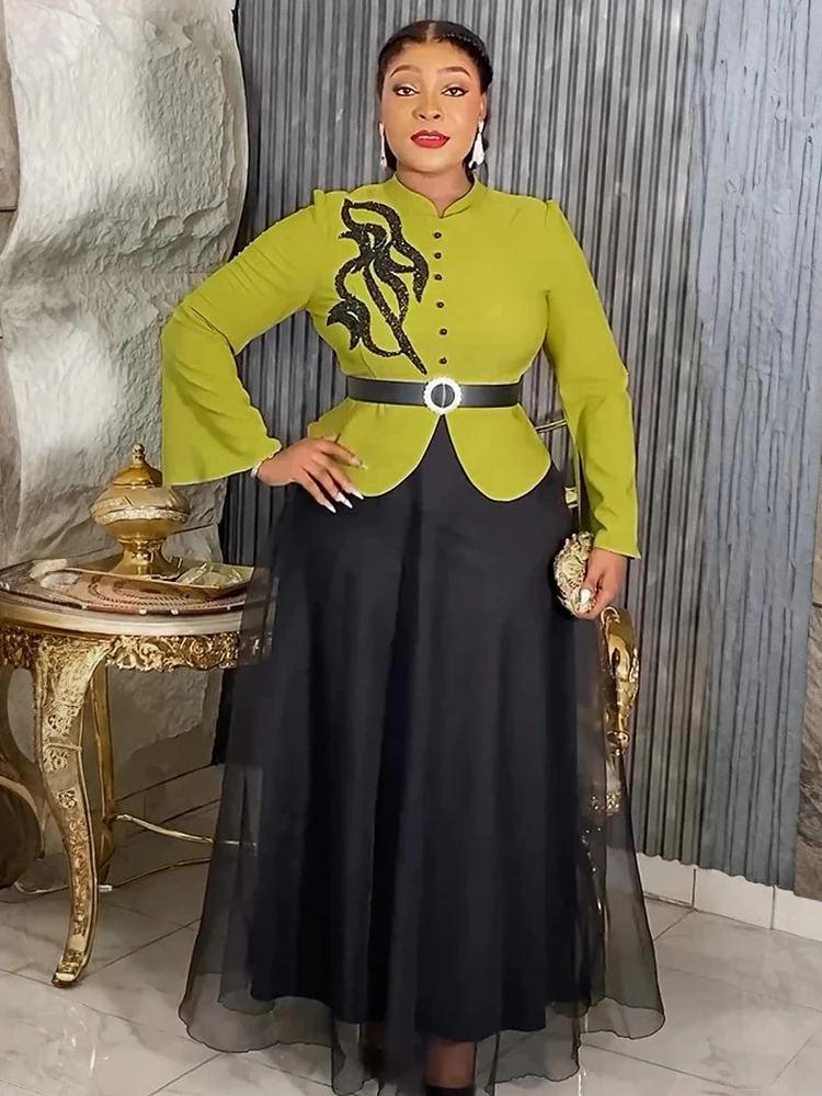 

African Dresses For Women Elegant Long Sleeve Organza Maxi Robes Luxury Dashiki Diamond Dress Wedding Party Birthday Prom Gowns