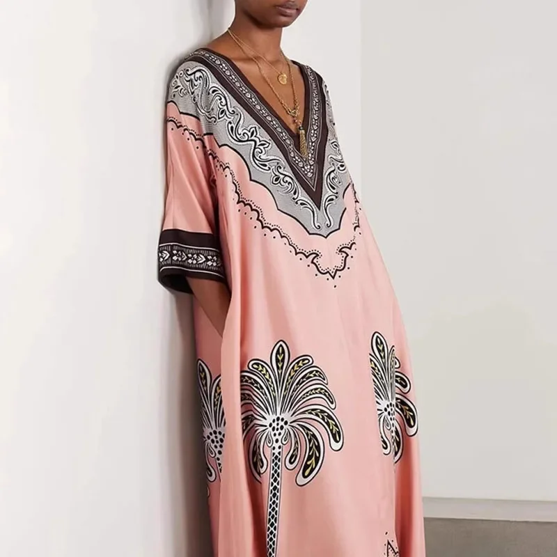 Jesienna sukienka satynowa z dekoltem w serek, długa, elegancka, luźna, w stylu retro, etniczna, codzienna, z rękawem do połowy, w stylu boho, idealna na plażę.