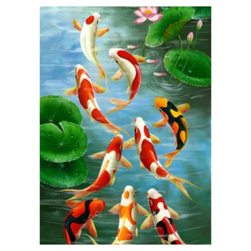 Diamond Painting Full Set Of Round Diamond Nine Fish Lotus Illustration Art Painting