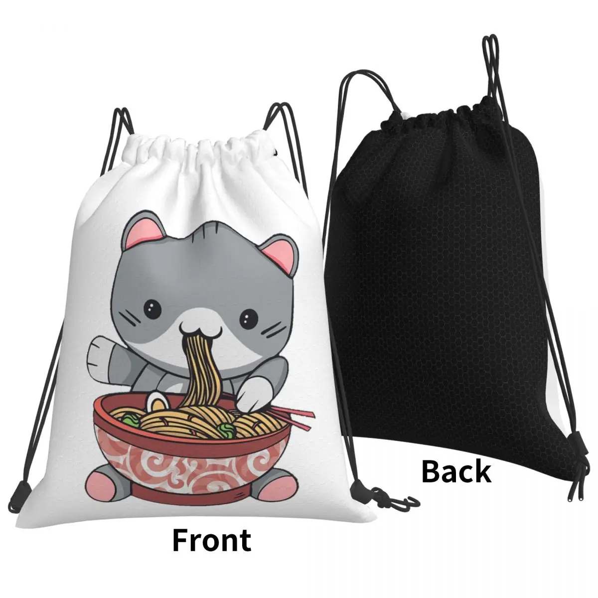 Kawaii Ramen Cat Backpacks Portable Drawstring Bundle Pocket Sports Bag Book Bags for Travel Students