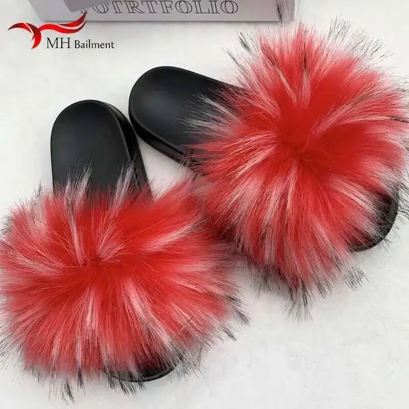 Faux Fur Slippers Women Soft Home Furry Fluffy Sandals Female Casual Flops Slides Winter Warm Flat Shoes Plus Size 36-45