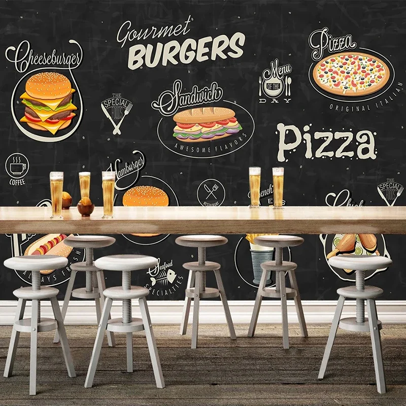 Custom 3D Photo Wallpaper Burger Pizza Fast Food Dessert Shop Cafe Restaurant Photo Background Wall Decor Mural Papel De Parede