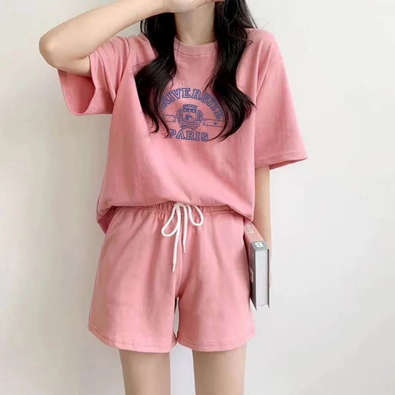 Sporty Shorts Set Loose Korean Style Casual Pants Sets Short Sleeve T-shirt 2 Piece Sets Women Outfits Summer Sportswear Suits