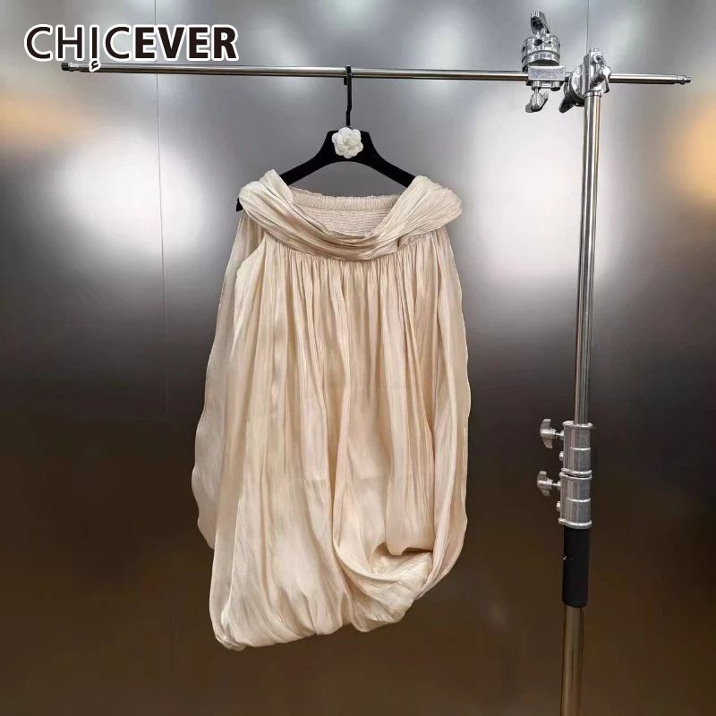 CHICEVER Khaki Spliced Folds Dress Female Slash Neck Sleeveless Loose Gentle Intellectual Women's Dresses Summer Fashion Style