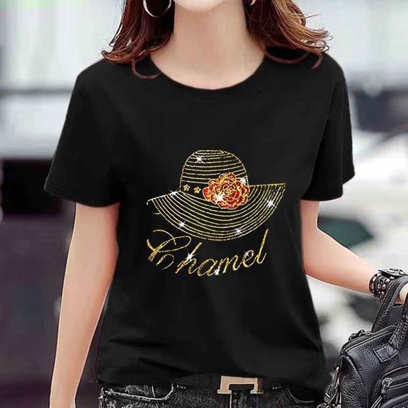 Odzież damska letnia koreańska moda Rhinestone czarne t-shirts z krótkim rękawem damskie Casual O dekolt z krótkim rękawem luźny, w stylu Basic topy