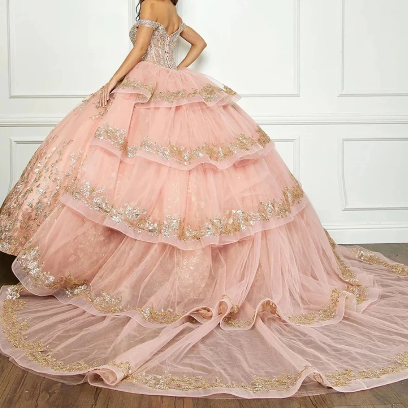 Pink Shiny Quinceanera Dresses Ball Gown Gold Sequin Lace Applique Beads Crystal Tull Tiered Puffly Sleeve Sweet 16 Vestidos De