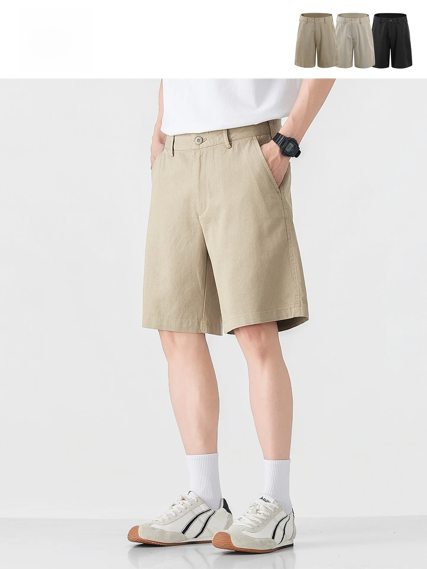 

GPstudio Japanese Style Casual Loose Straight Leg Men's Pure Color Khaki Shorts Business Casual Comfortable Breathable Summer...