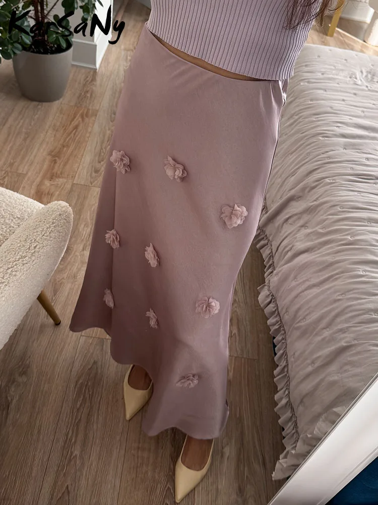 Elegant Summer Satin Midi Skirt with Floral Design for Women