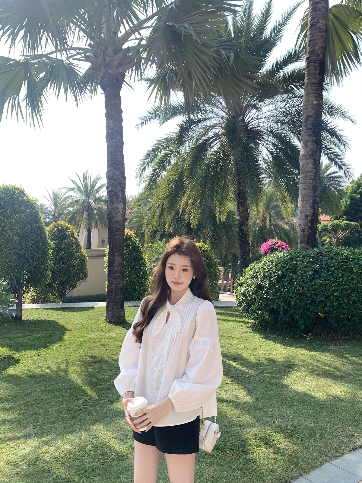 

Рубашка с деконструированным узлом в виде кроличьих ушей, нежная белая вышивка, корейский стиль, свободный крой, хлопок, длинный рукав, деловой повседневный стиль