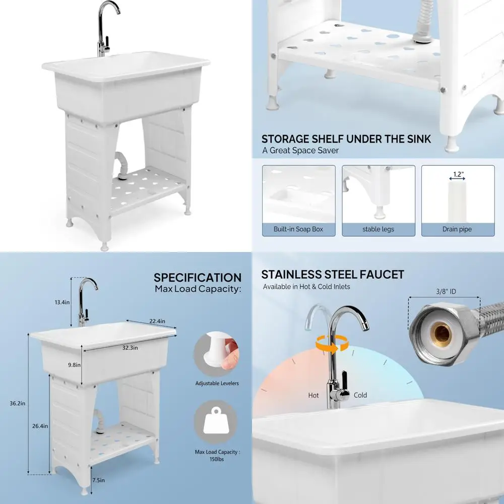 

20-Gallon Plastic Utility Sink with Hot and Cold Faucet, 150lbs Load Capacity, Upgraded Height, Suitable for Laundry and Cleanin