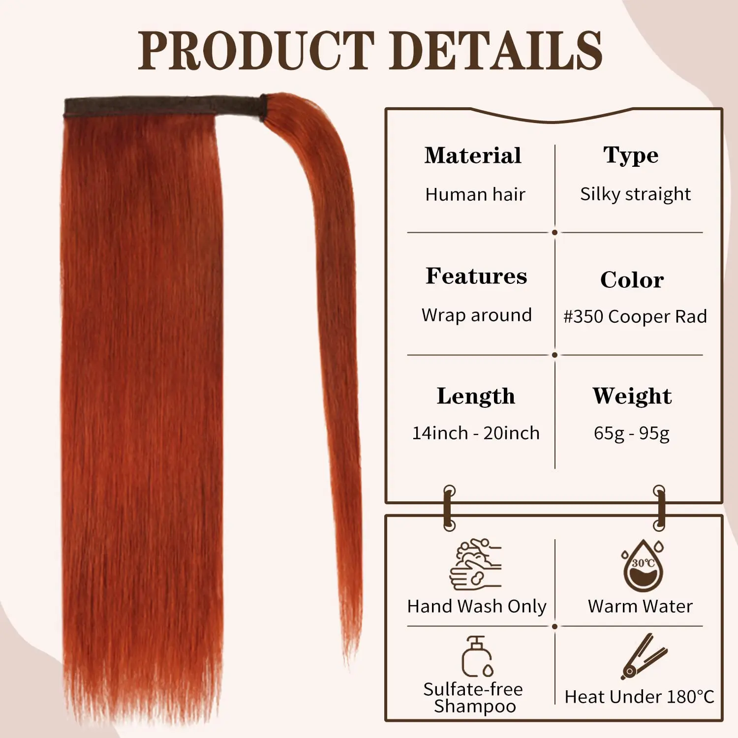 Doreen Thick Ginger Red Copper Clip in Ponytail Remy Human Hair Extensions Double Drawn Wrap Pony Quick Style for Short Hair