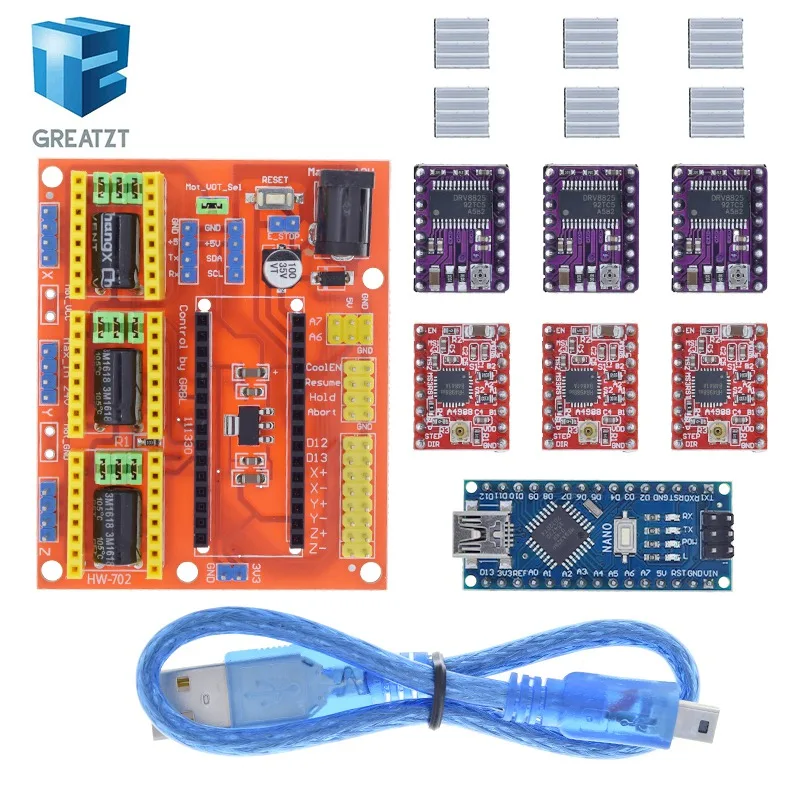 GREATZT 1Set 3DV4 CNC Shield V4 with Nano 3.0 And 3pcs DRV8825/A4988 Stepper Driver Board for Arduino
