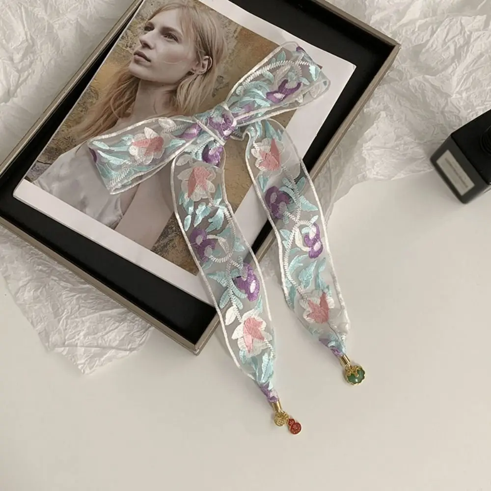 우아한 달콤한 자수 레이스 스카프 리본 프린트 플로럴 스카프 한국 스타일 스트라이프 스카프 헤어밴드 햇빛 가리개 트림 장식