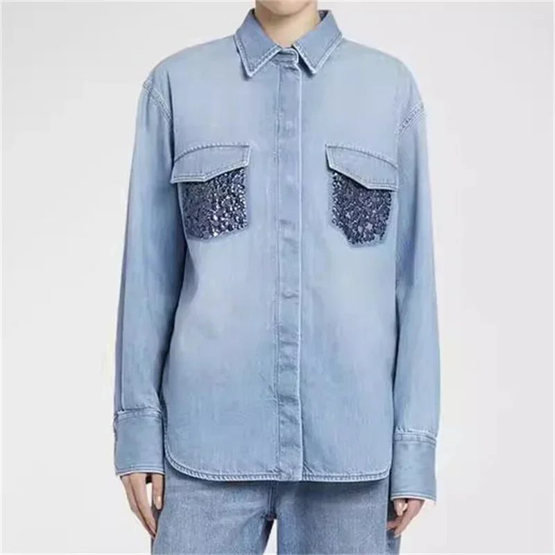 Women's blouse 2024 Spring New Retro Washed Women's Shirts Pure cotton denim long sleeved top Thin coat with sequin decoration