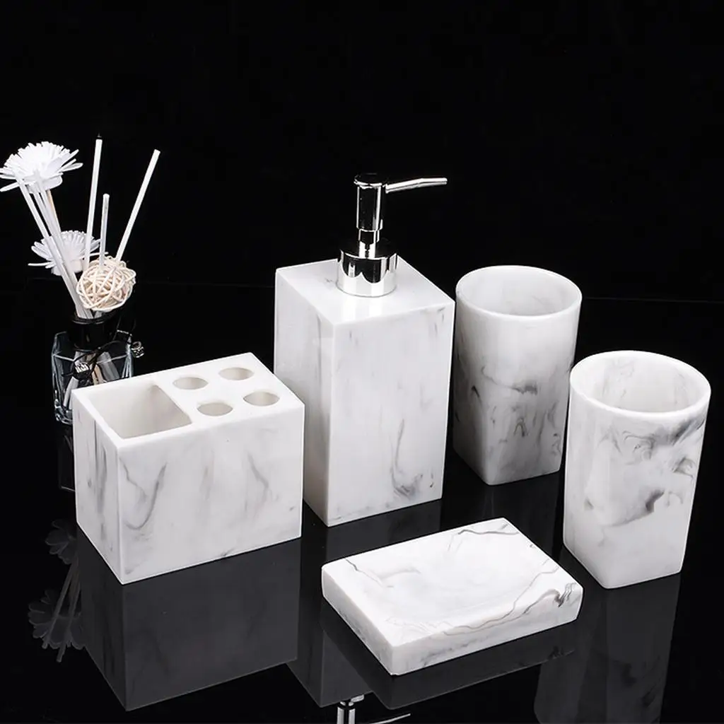 5pack Bath Bathroom Accessories Set Marble Resin Toothbrush Holder Soap Dish