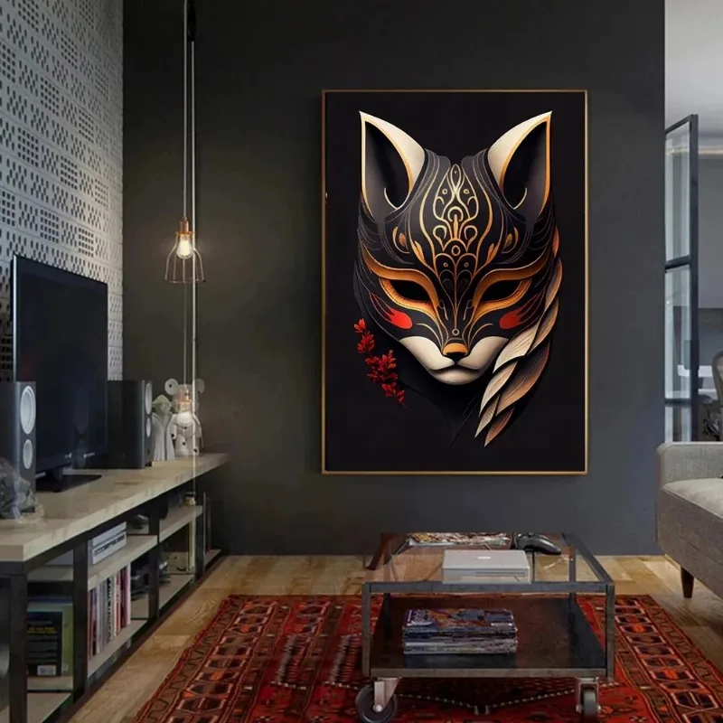 Retro Japanese Traditional Zen Hannya Fox Mask Posters Folklore Animal Canvas Painting Wall Art Print Pictures Living Room Decor