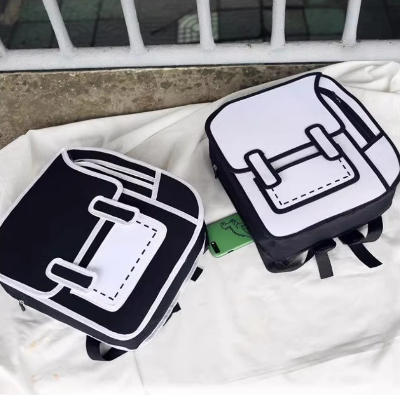 Mochila personalizada de Graffiti, bolsa de cómic, papel blanco y negro, 2D, Anime de dibujos animados