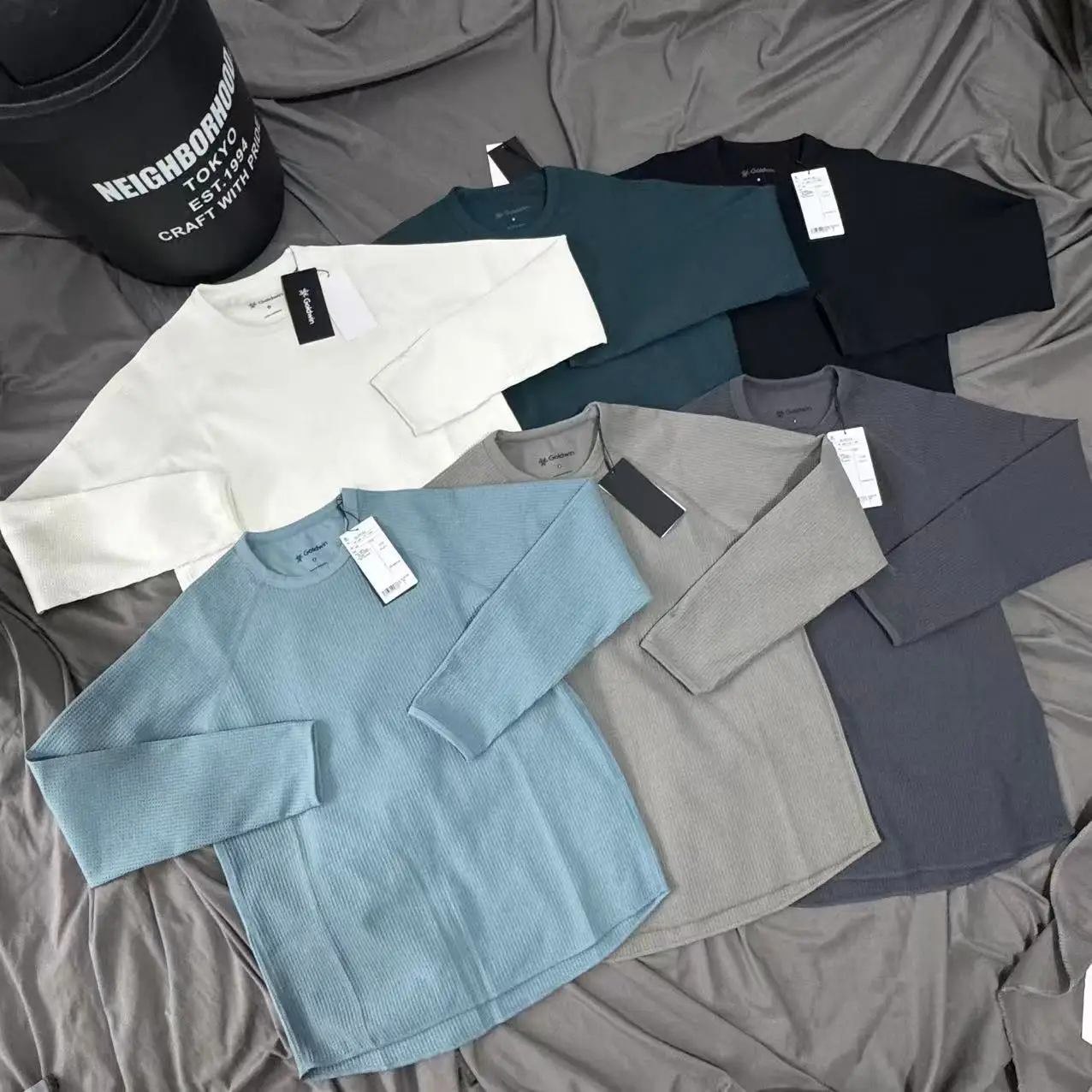 Print Digid Szie Tag Solid Color Waffle Goldwin T Shirt Men Women High Quality Loose Quick Dry Breathe Long Sleeve V-shape Tops