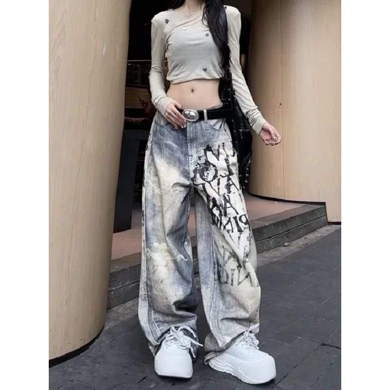 

American Waed adient Letter Wide Leg Jeans Autumn Winter New Sle High Waist Long Pants Women's Faion Casual Denim