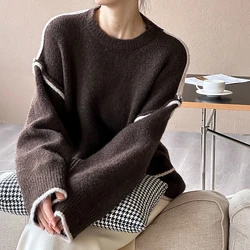 2026 Women Soft Knitted Sweater O-Neck Long Sleeve Patchwork Pullovers Clothes Tops For Women Sweater Pull Femme