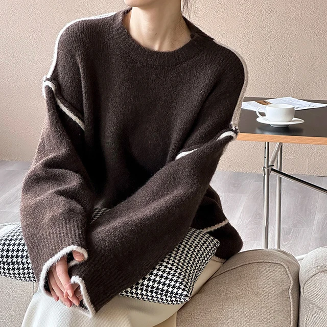 Damski sweter z miękkiej dzianiny z okrągłym dekoltem, długi rękaw, patchworkowe pulowery, odzież, topy dla kobiet, sweter damski, pull femme 2026